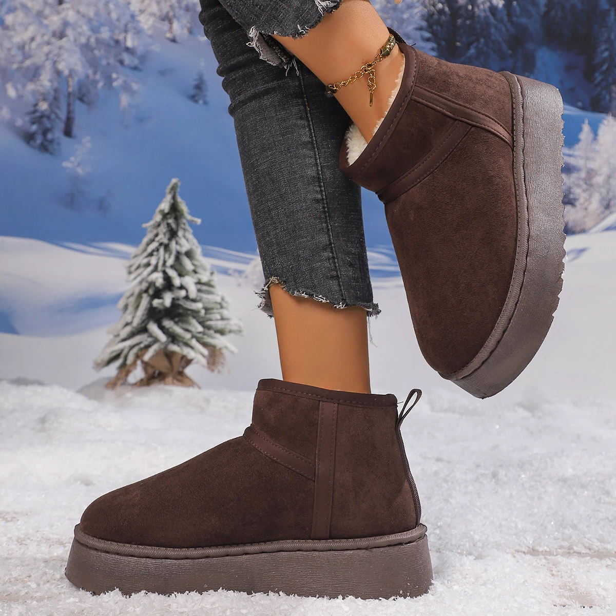 Designer 2026 Neue Winter Trendige Damen Schneestiefel aus Wildleder Modisch Gefüttert mit Plüsch Flach Warm und Bequem Damen Schneestiefel – Detail 8