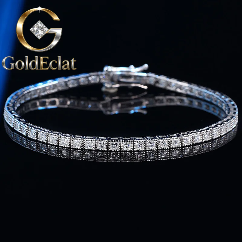 

GoldEclat Luxury Solid Platinum PT950 Women's 2MM Moissanite Diamond Princess Square Bracelet Full Diamond Bracelet