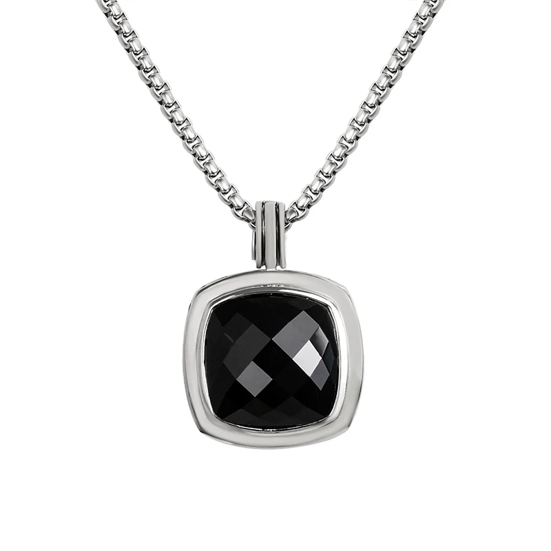 

20mm Square Imitation Black Onyx Pendant Fashion Chic White Gold Plated Brass Box Chain Necklace Jewelry Accessory for Women