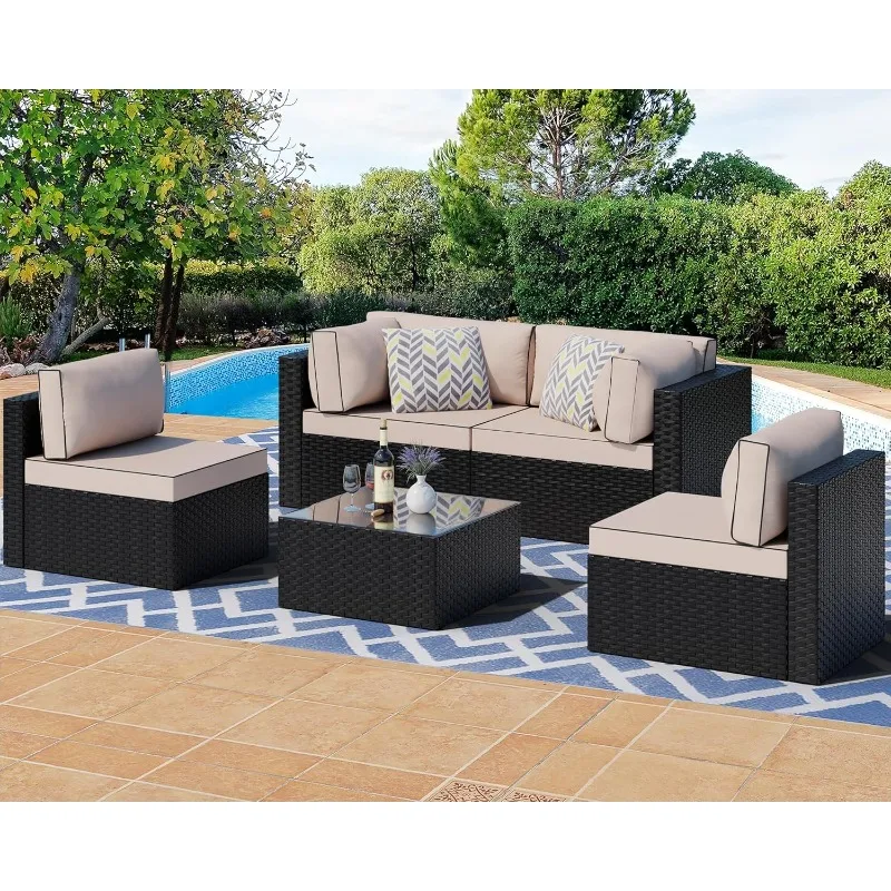 Outdoor Patio Sectional Sofa Couch, Wicker Furniture Conversation Sets with Washable Cushions