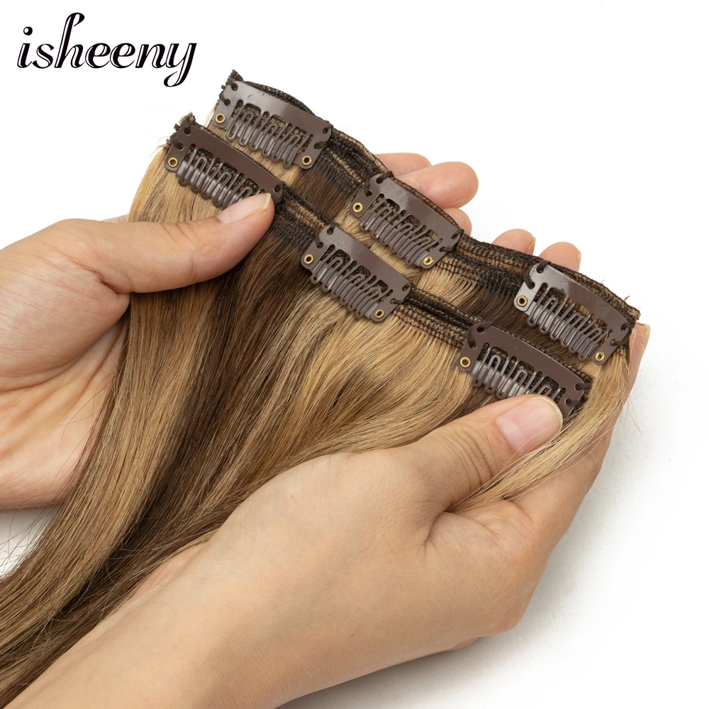 Highlight Clip in Hair Extensions 7pcs/Set 12-24 inches Natural Brown Human Hair Full Head 50-140G Clip Human Hairpieces P4-27#