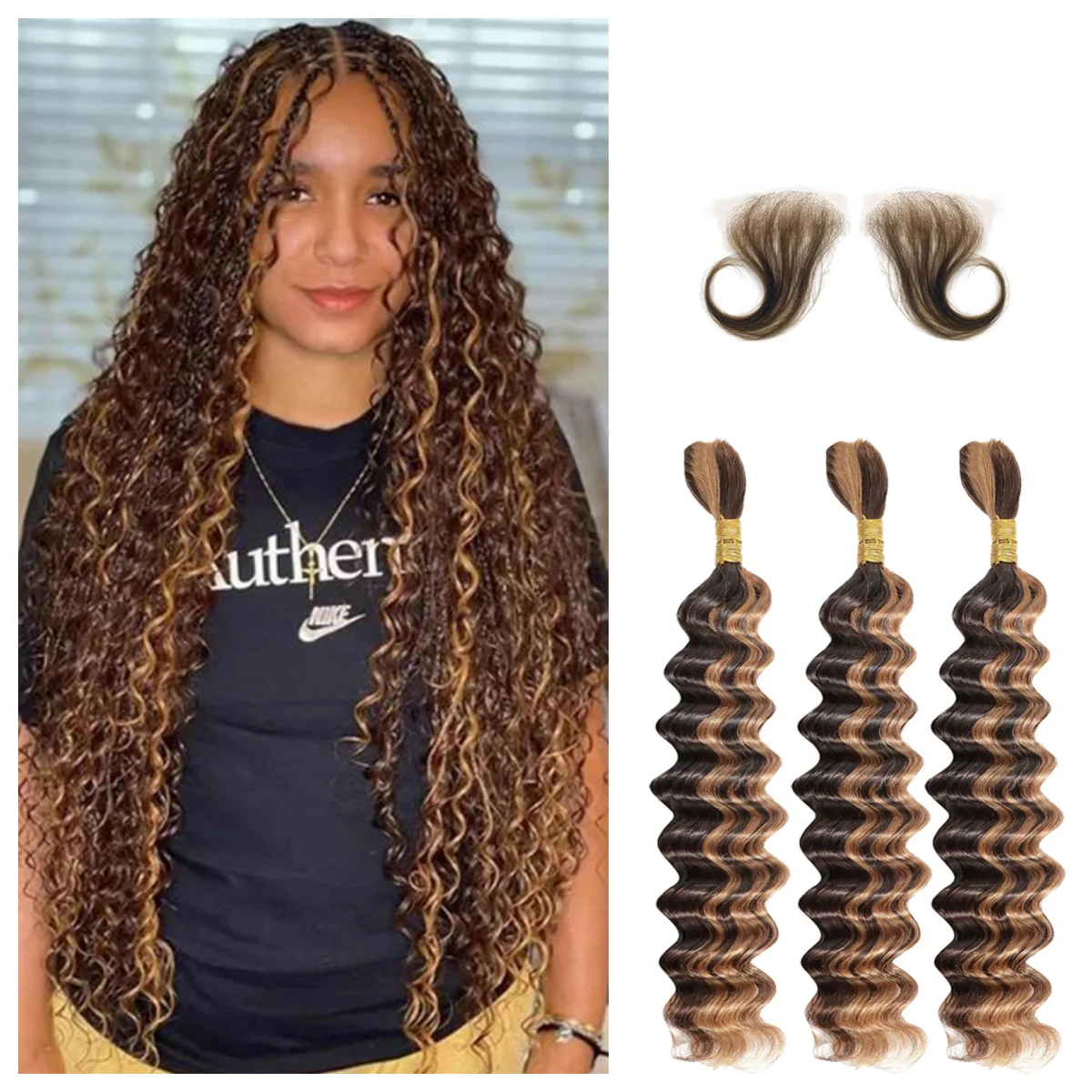 100 percent Human Hair Unprocessed Brazilian Virgin Hair for Human Hair Extensions Deep Wave Bulk P4/27 human Bundles  Hair