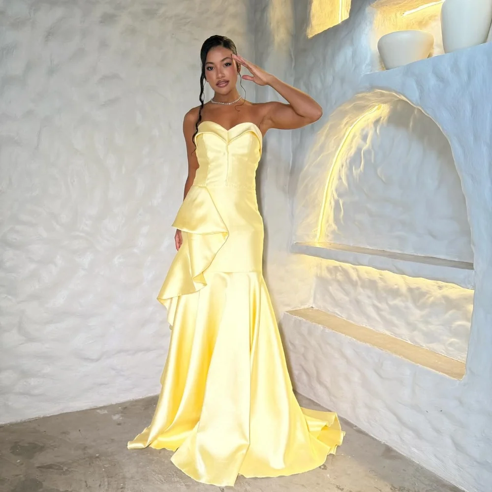 Personalizado modesto moda amarelo plissado ruched sereia sem alças vestidos longos vestidos de noite tamanhos disponíveis alta qualidade