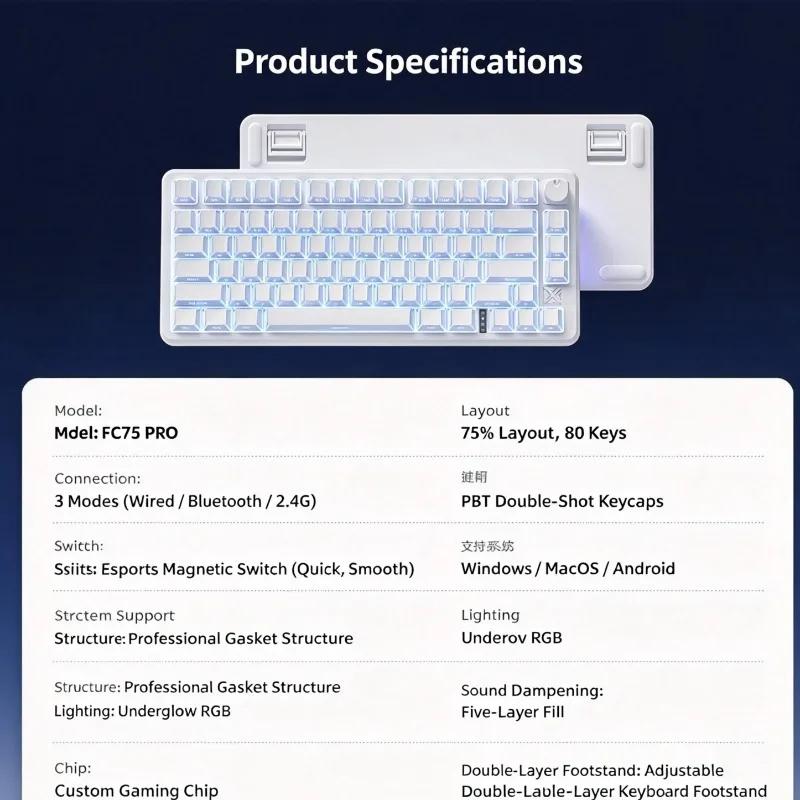 75% Custom Mechanical Keyboard Tri-Mode Wireless Gasket Mount Keyboard Edge Light Transparent Keycaps for Esports Gaming Office