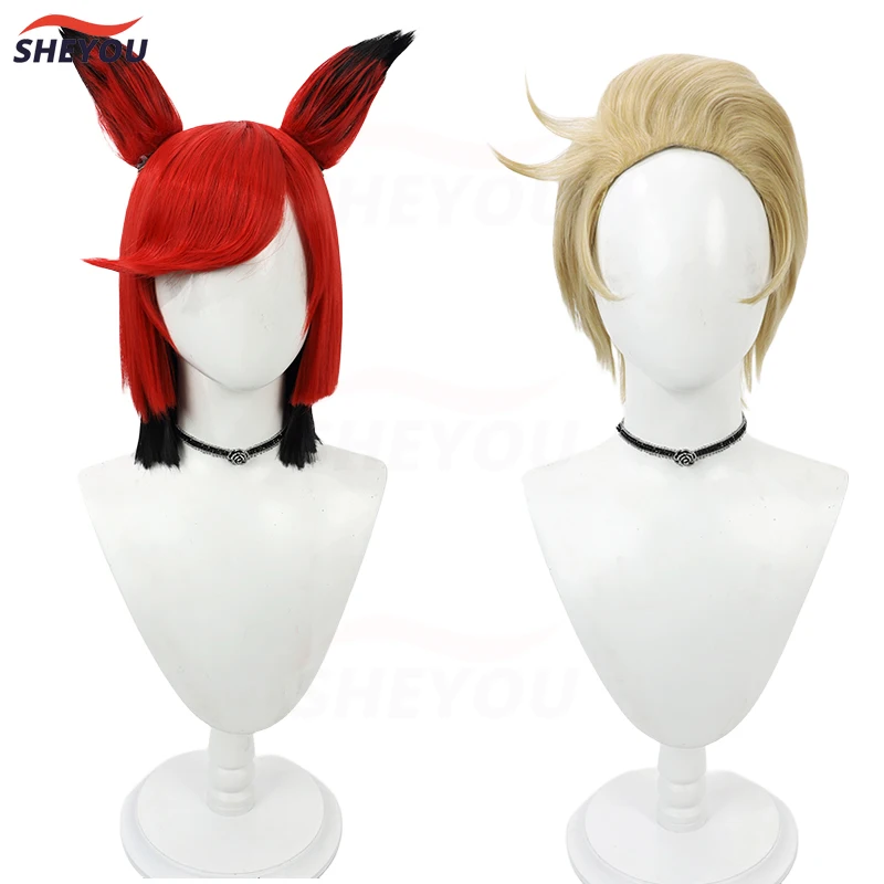 

Lucifer Alastor Cosplay Wigs Anime Red Black And Ears Short Blond Yellow Heat Resistant Synthetic Hair Halloween Wig + Wig Cap