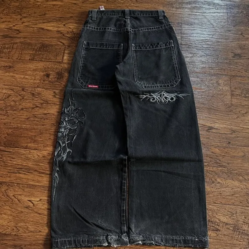 ملابس شارع هاراجوكو داكنة بانك تصميم شوكة بيضاء سراويل مستقيمة فضفاضة على الموضة الأمريكية جينز كبير الحجم للجنسين