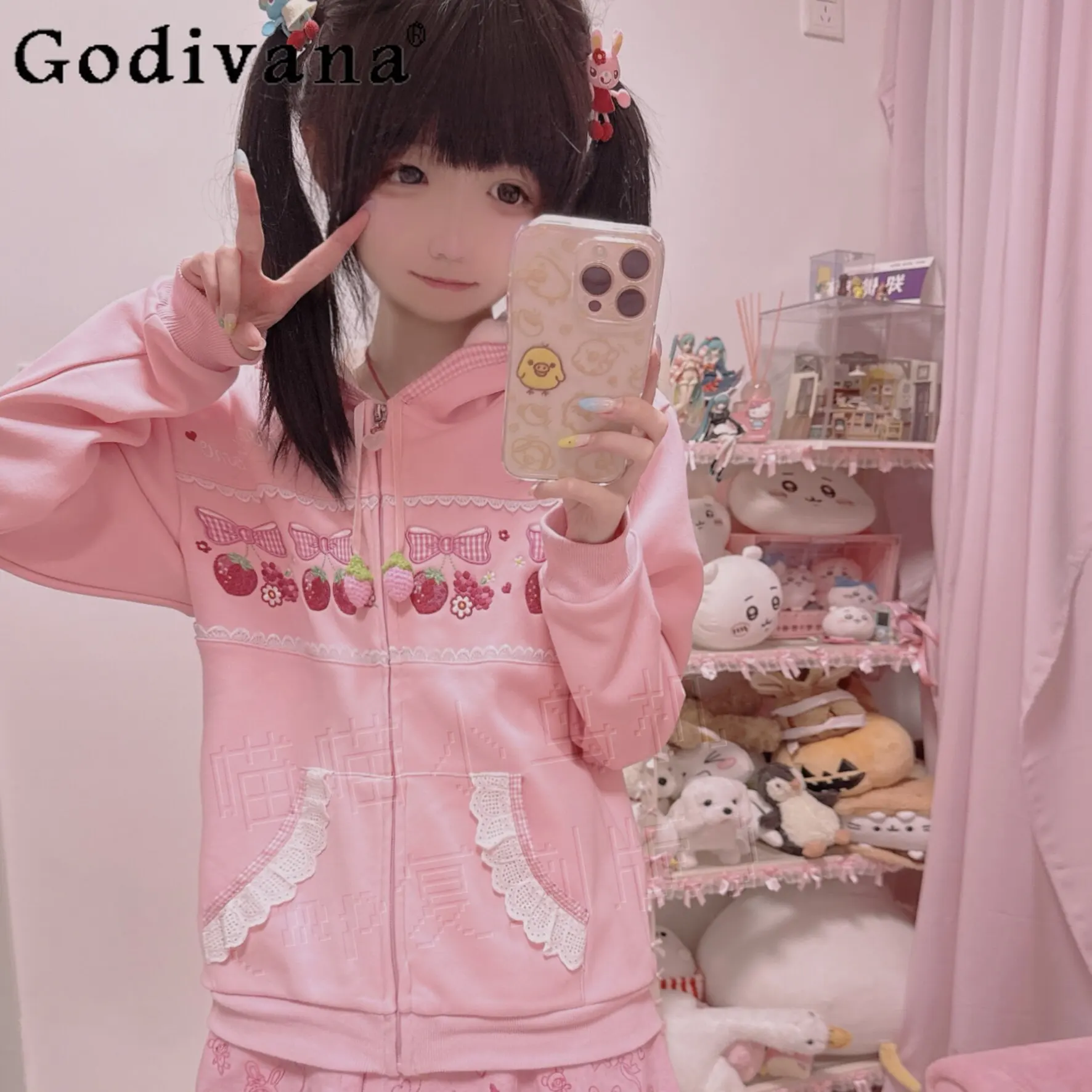 

Original Pink Strawberry Embroidered Jacket Daughter Kawaii Y2k Clothes Spring and Autumn 2026 New Student Loose Hooded Jacket