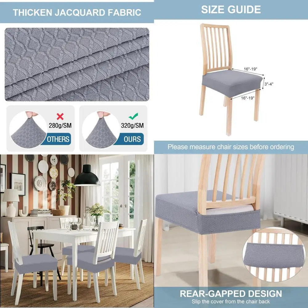 

Grey Washable Stretch Seat Covers for 6 Dining Chairs, Removable and Protecting, No Back Covers