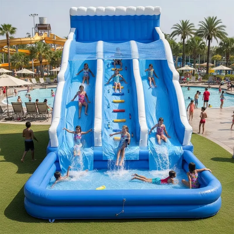 Commercial Blue Wave Double Slide Inflatable Water Park with Swimming Pool, Backyard Party Rental & Summer Vacation New Design