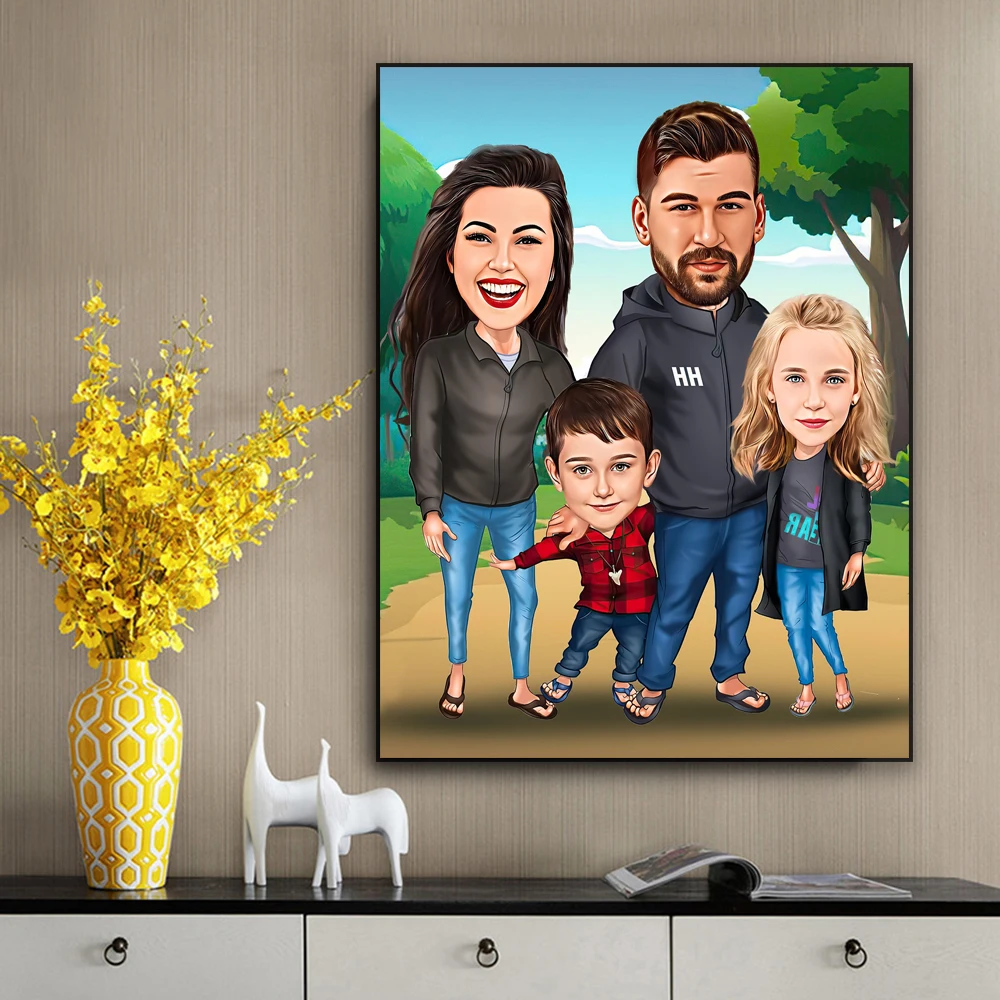 Custom Cartoon Family Portrait Poster Personalized Comic Caricature Prints Birthdays Canvas Painting Bedroom Wall Art Decoration