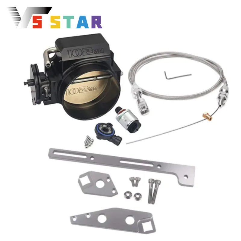 ตัวเร่งคุณภาพสูงขนาด 102 มม. แบบ 4 โบลต์ พร้อม TPS IAC+สายเร่ง สำหรับ CHEVY LSX LS1 LS2 LS3 LS6 LS7 4.8 5.3 6.0 สีเงินดำ