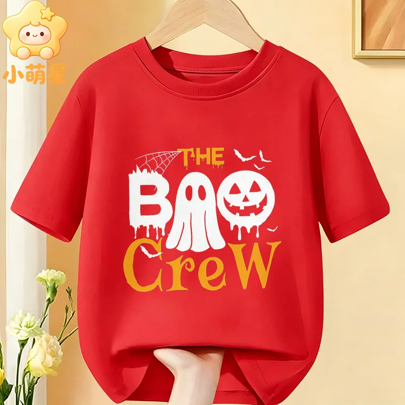 The Boo Crew Ghost Pumpkin Print Children's T‑Shirt Halloween Spider Spooky Pattern Soft Cotton Short Sleeve Boys Girls Clothes