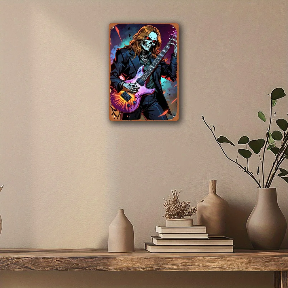 Vintage Totenkopf-Gitarrist Metallkunstdruck - Klassische Schmiedeeisen-Heimdekoration, Psychedelic Rock Musik Wandkunst, Langlebiger Mate-Kunstdruck
