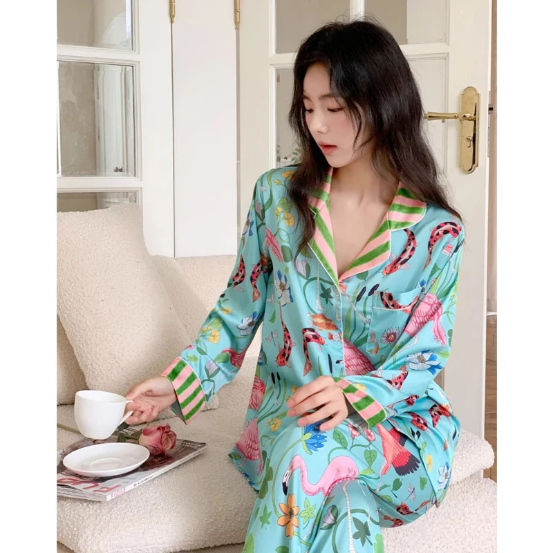 Spring Autumn New Ice Silk Soft Women\'s Pajamas Set Buttons Cardigan Womens 2 Piece Outfit Set Senior Printing Pajamas for Girls