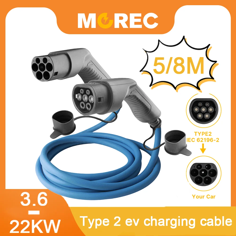 Morec EV Auto Ladegerät Lade Kabel 1 Phase oder 3 Phase Elektrische Fahrzeug 16A-32A Typ 2 Weiblichen zu Männlichen IEC 62196 stecker Länge 5M