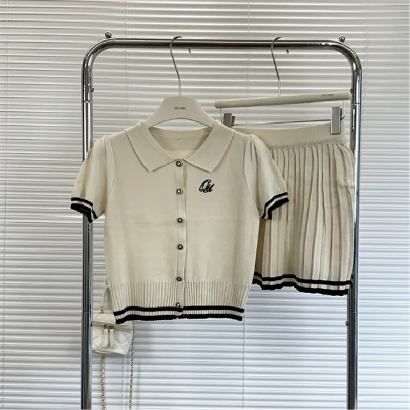 New Summer JK Girl Fashion Apricot 2 Piece Sets BM Academy Style Knit Short Shirt Cardigan&Pleated Mini Skirt 2PC Dress Suits