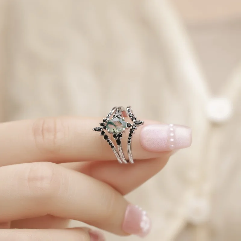 New S925 pure silver light luxury fashionable geometric inlaid water grass agate combination ring wedding jewelry