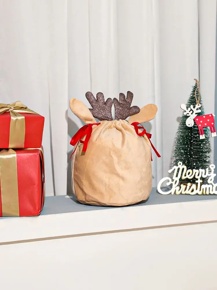 Elch geweih Weihnachts geschenk Tasche rotes Band Kordel zug Tasche für Geschenk weiche Minky Weihnachten Süßigkeiten Party Dekoration – Detail 5