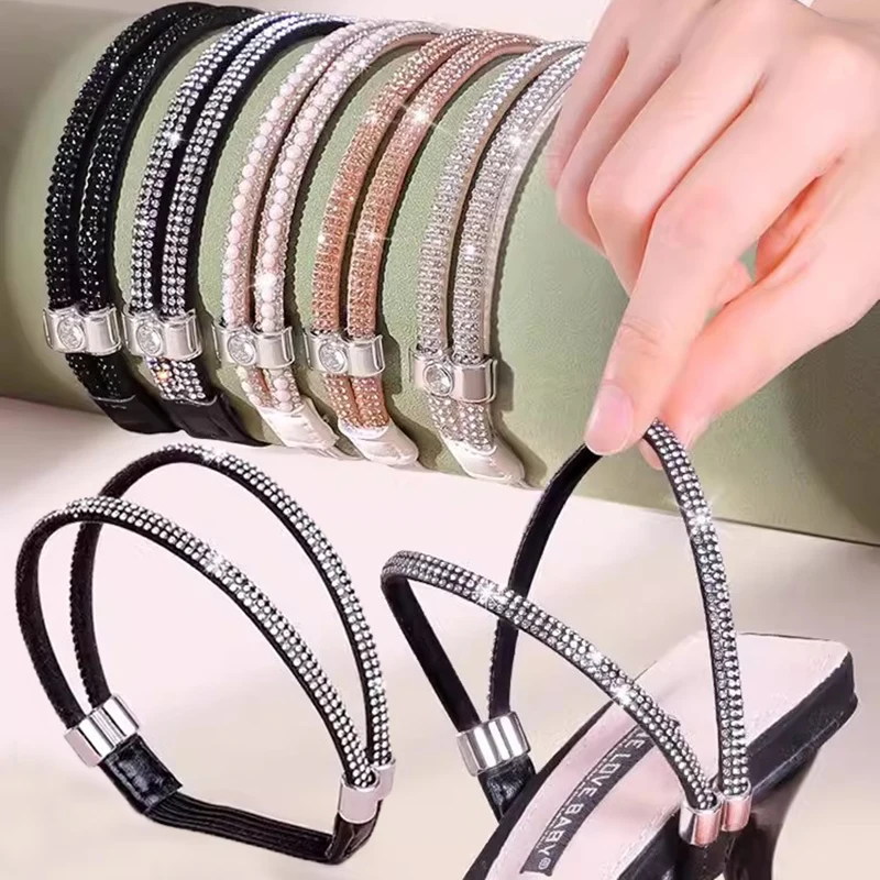 2pcs Rhinestone High Heels Shoes Band Anti-loose Women Diamond Shoelaces Anti-drop Heel Straps Belt Drill Elastic Fixed Belts