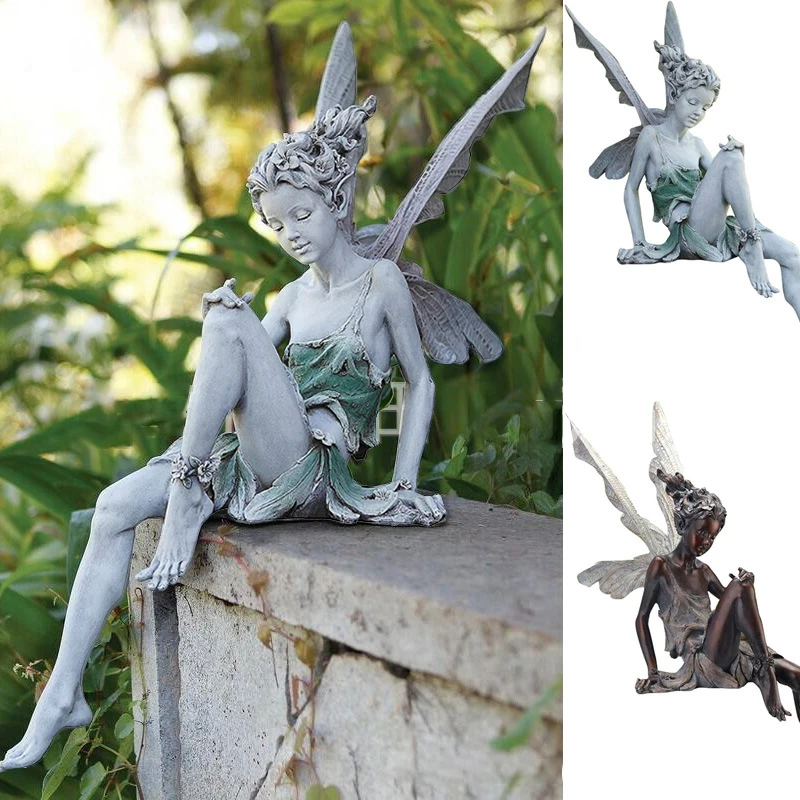 Resin Handicrafts for Outdoor Garden, Fairy Statue, Sitting in Curving Posture, Flower Fairies, Garden Decoration