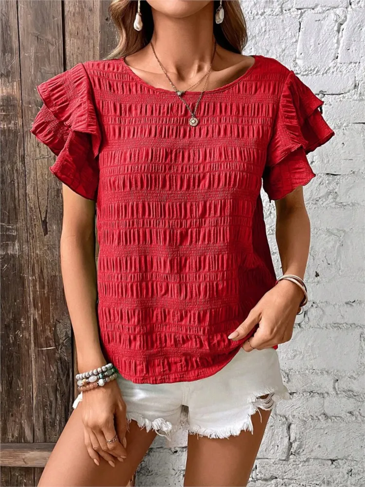 

Tops Women's Solid Color Shirts O Neck T-Shirts 2026 Casual Fashion Ruffle Sleeves Retro Blouses Elegant Summer Street Wear