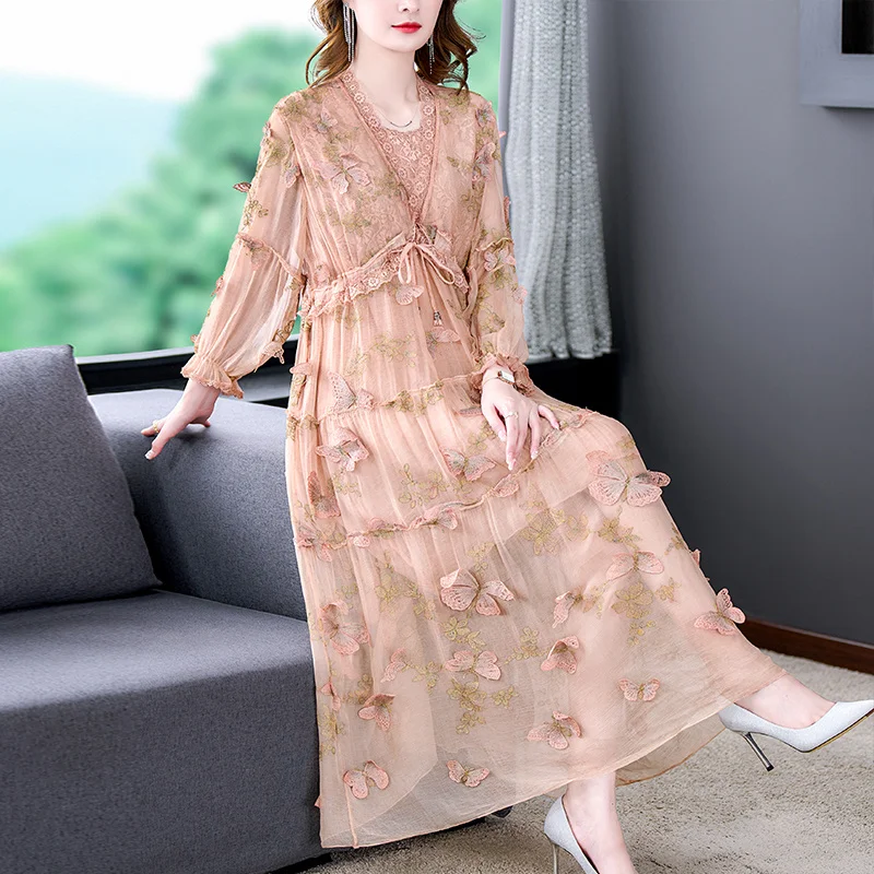 

Embroidered Autumn Floral Silk Light Color Midi Women's Fashion Beach 2023 Elegant Three-dimensional DecorativeDress