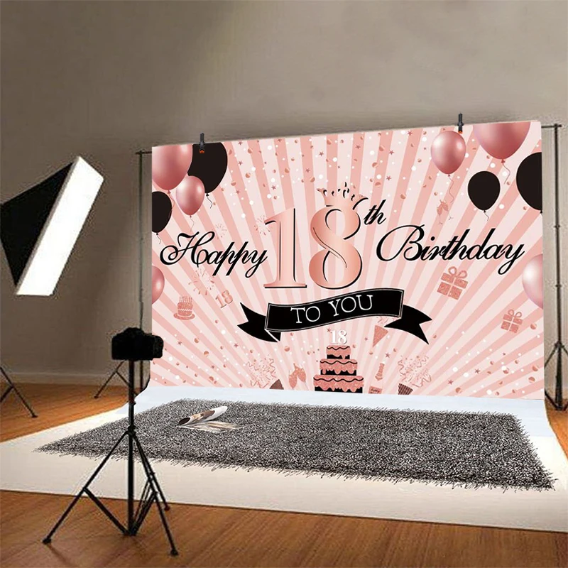 Pink 18th Photo Backdrop Eighteen Girls Happy Birthday Party Balloon Young Photograph Background Banner Decoration Prop