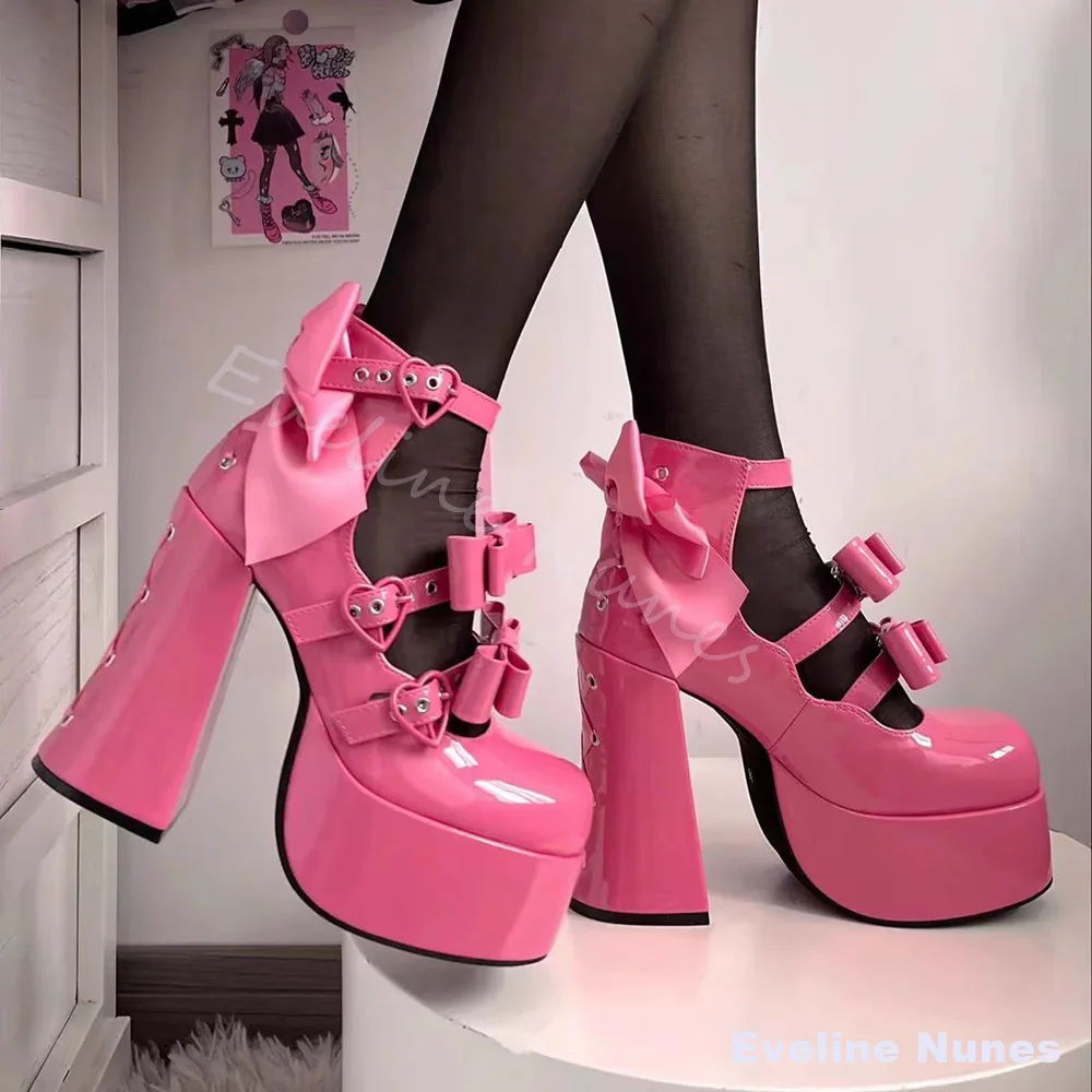 Bow-knot Cross Strap Lolita Cute Pumps Women Platform Hollow Round Toe Chunky Heel Mary Jane Leather Shoes Spring Elegant Pumps image 5
