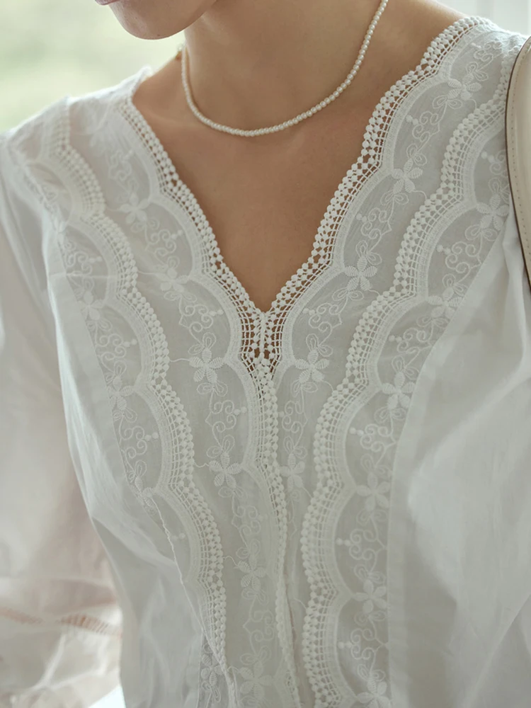 2025 New Summer Short Sleeve White Shirts Women Embroidered Lace Blouse V Neck Hollow Out Tops Female Elegant Office Ladies Tops