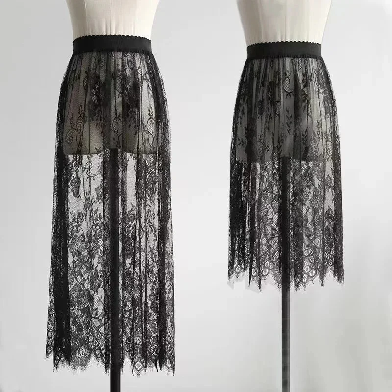 Club Wear Gonna di pizzo bianco nero Donna Sexy Vita alta Tulle Gonna longuette Strato trasparente Abito da spiaggia estivo Gonna Y2k