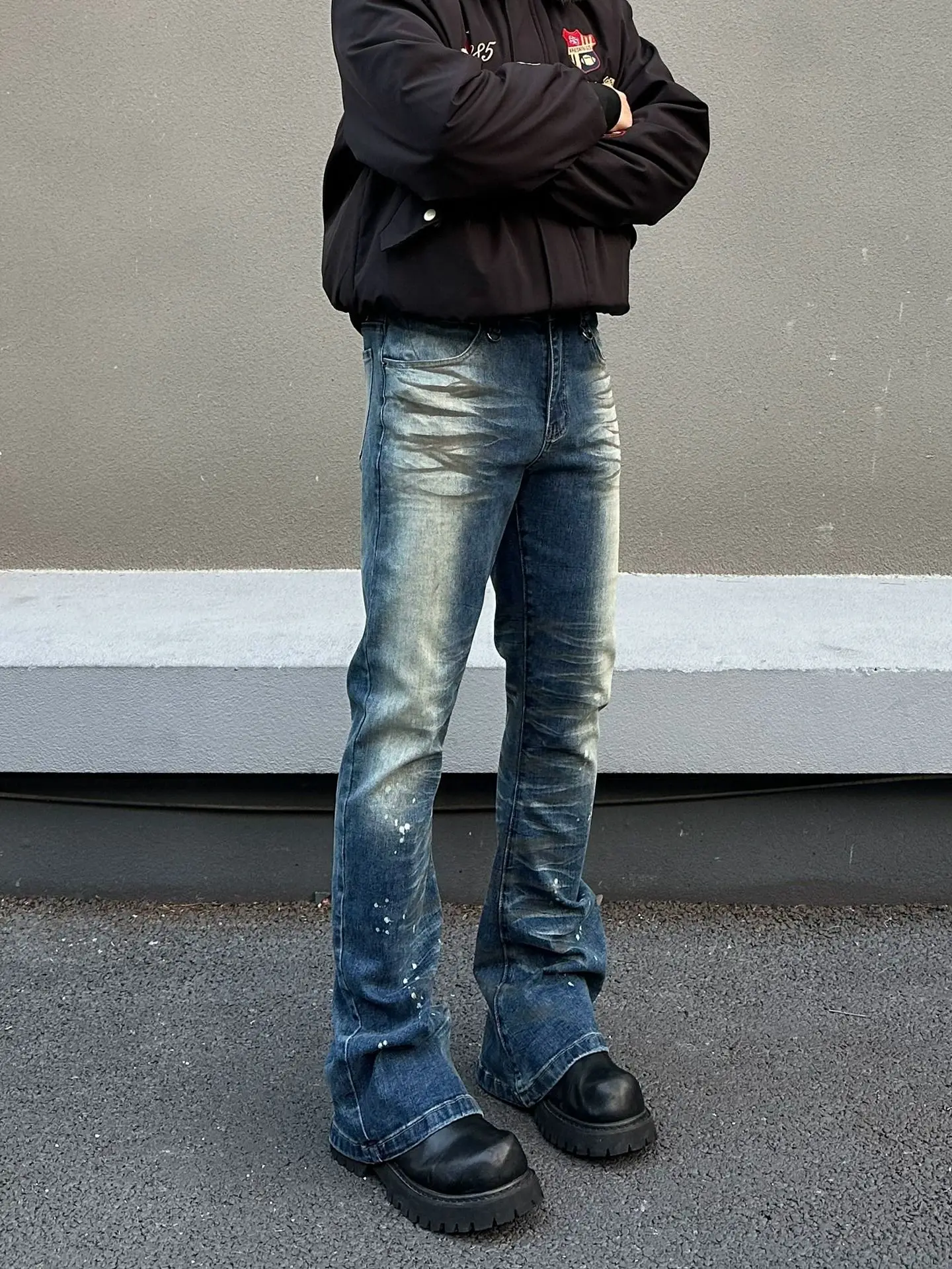 Men's Ink Splashing Design Skinny Jeans High Waist Vibe Trousers Street Y2k Sweatpants Male Straight Pencil Retro Blue Pants