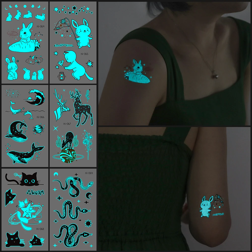 VeeCharm - Animal Glow Temporary Tattoos Stickers - Waterproof, Luminous, cute critters - Fake Tattoo, 1/6/7 Sheet