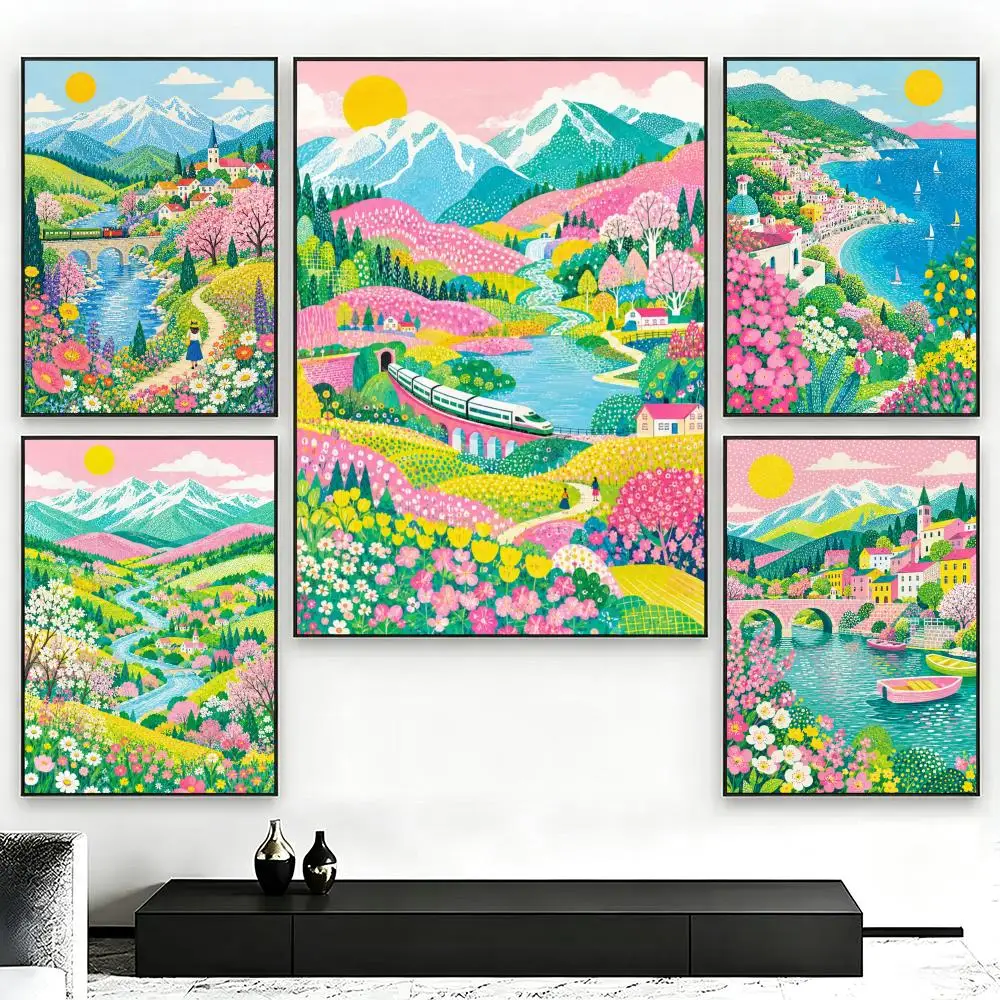 Spring Blossom Valley Poster Poster Nordic HD Self-Adhesive Wall Sticker Home Café Bedroom Living Room Art Decor Gift