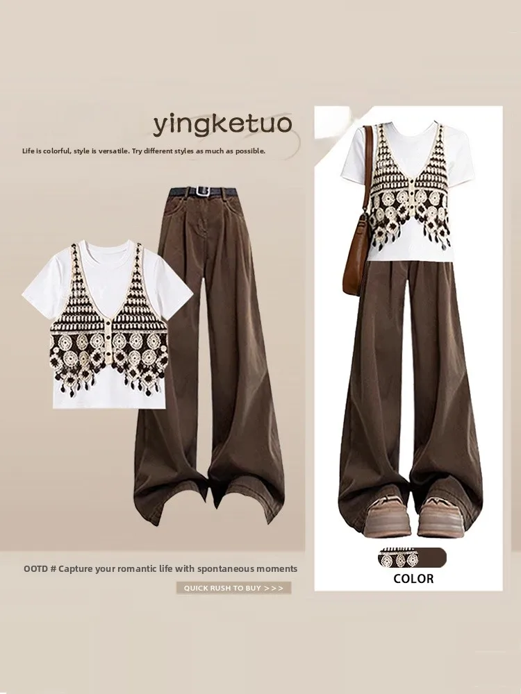 

Retro Knitted Women's Set Summer Layered Vest Base Shirt Wide Leg Pants Slimming Atmosphere Three Piece Set High Waist Long P...