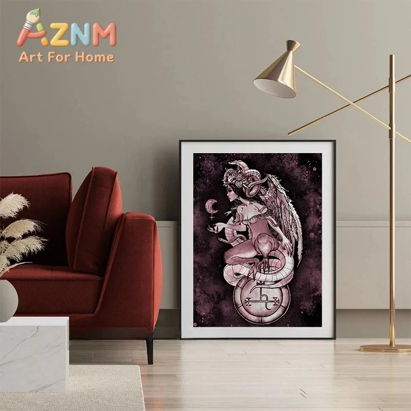 AZNM Gothic Demon Serpent Moon Canvas Wall Art, Frameless, Dark Mystic Occult Figure Print for Bedroom Gothic Style Decor