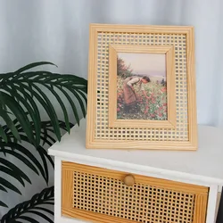 Nordic Solid Wood Rattan Woven Photo Frame Wall Hanging Creative Handmade Rattan Woven Desktop Decoration Photo Frame Ornaments