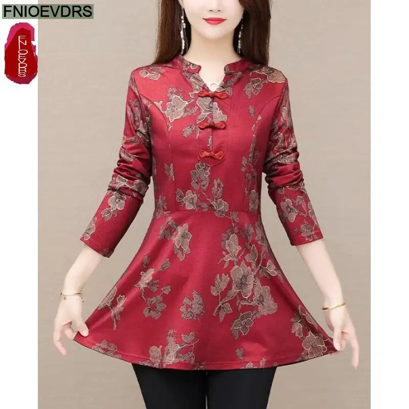 M-4XL New Year Red Tops Hot Sales Women Autumn Casual Loose Blouses Elegant Office Lady Retro Vintage Floral Print Button Shirts