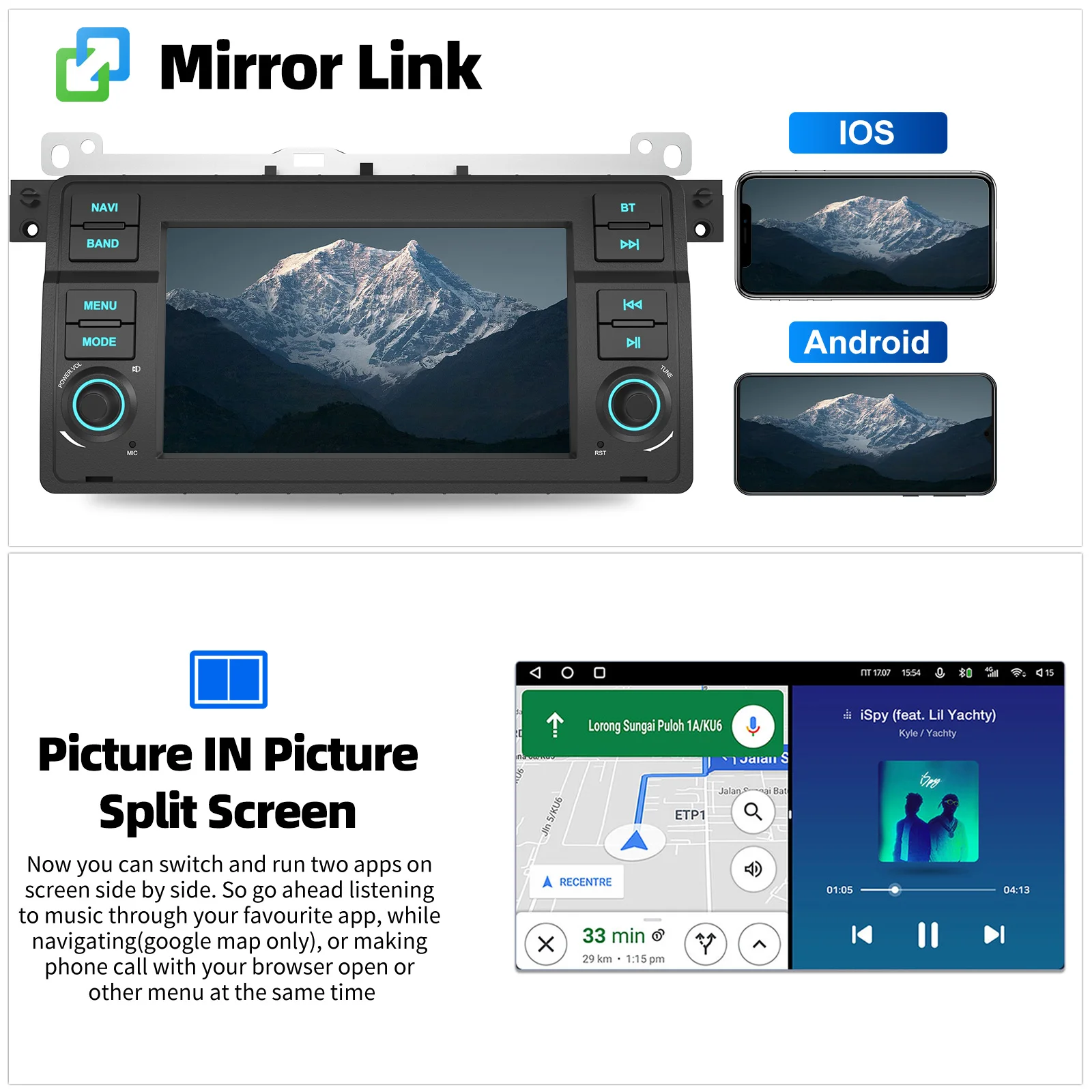 ESSGOO Drahtloses Apple Carplay Android Auto Autoradio für BMW E46 M3 318/320/325/330/335 Rover 75 Coupe Android 15 64 GB 2Din GPS – Detail 15