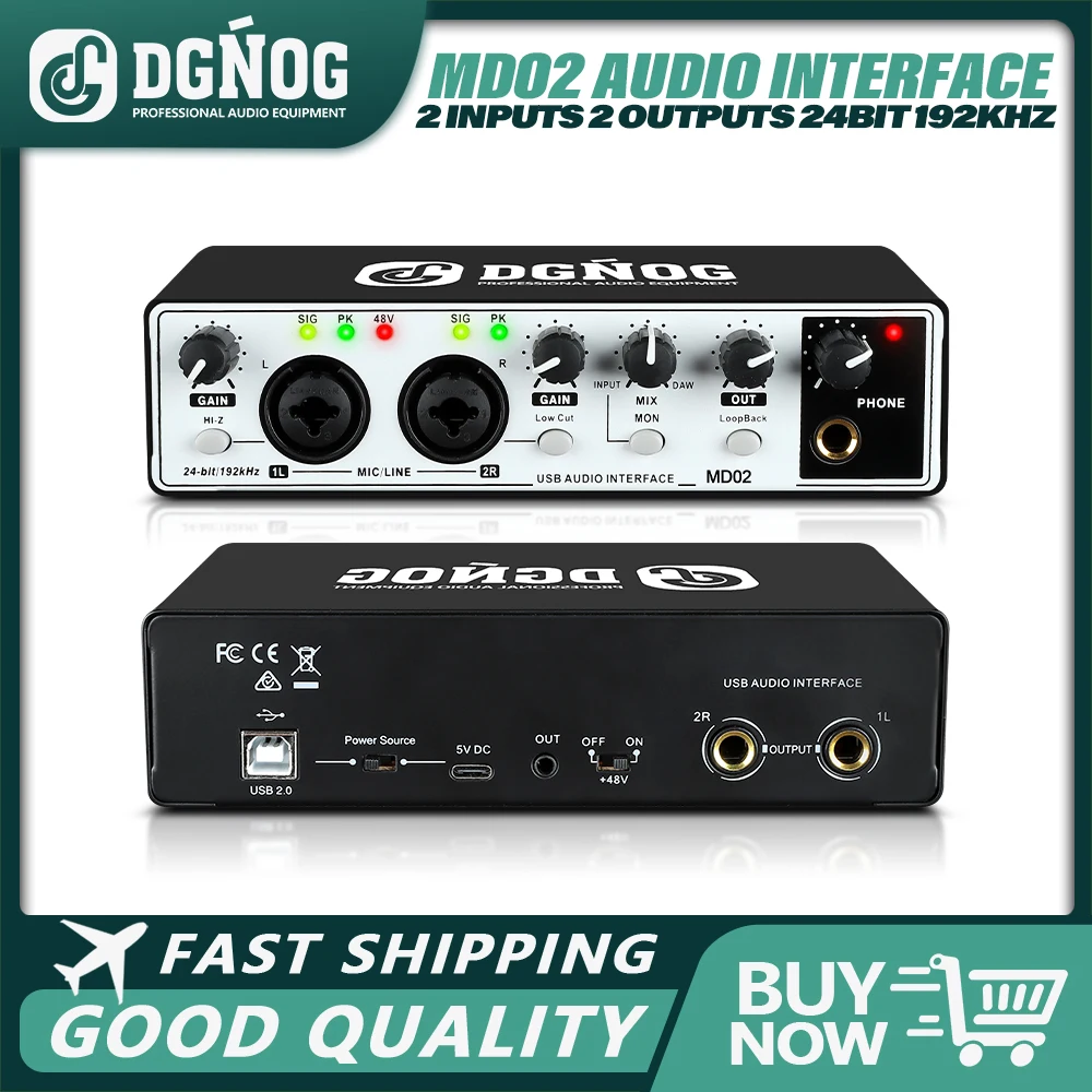 DGNOG MD02 USB Audio Interface Professional Computer Recording Sound Card for Electric Guitar Studio Podcast Vocalist streaming