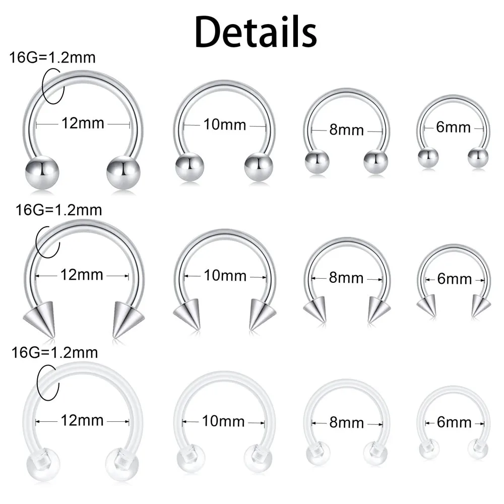 16G Surgical Steel Mixed-size Nose Septum Rings Piercing Needles Kit Horseshoe Cartilage Helix Tragus Earring Hoop Eyebrow