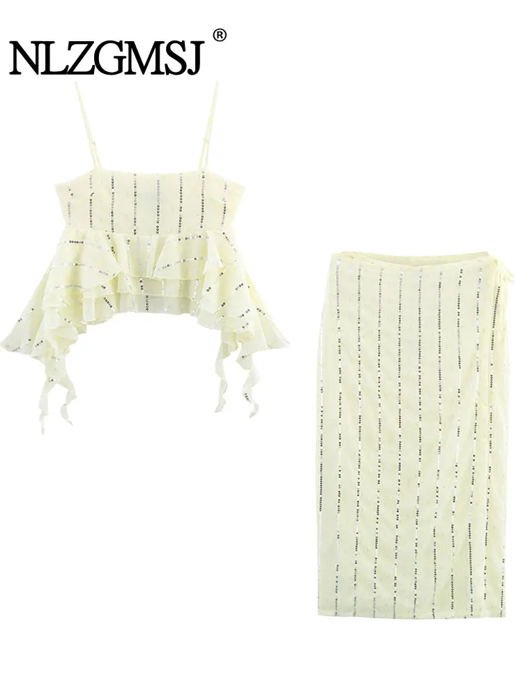 

Лето 2025 г., повседневный женский однотонный костюм с пайетками, жилет на бретельках с оборками, длинная складная свободная юбка, новые модные праздничные комплекты