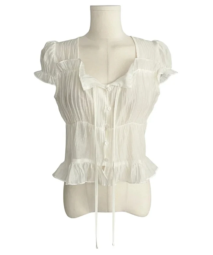 Sweet Summer Pleated Short Sleeve Shirt Waist Cinched Lace Top Korean Style Slim Fit Polyester Fiber Women's Fashion