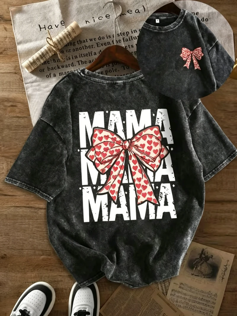 MAMA Letter Heart Print Bow Graphic T-Shirt, Vintage Washed Crew Neck Loose Casual Short Sleeve Daily Street Style Top
