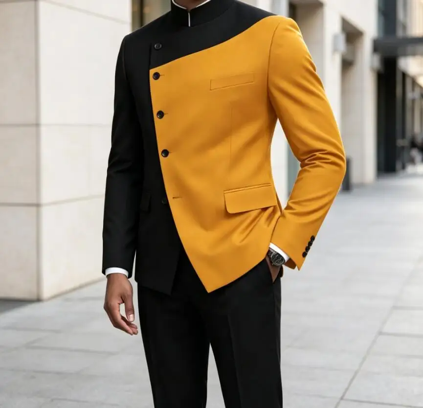 New Design Men's Chinese Tunic Wedding Suit Mandarin Collar 2 Piece Sets Suits for Men Slim Fit Traditional Formal Wedding Suit