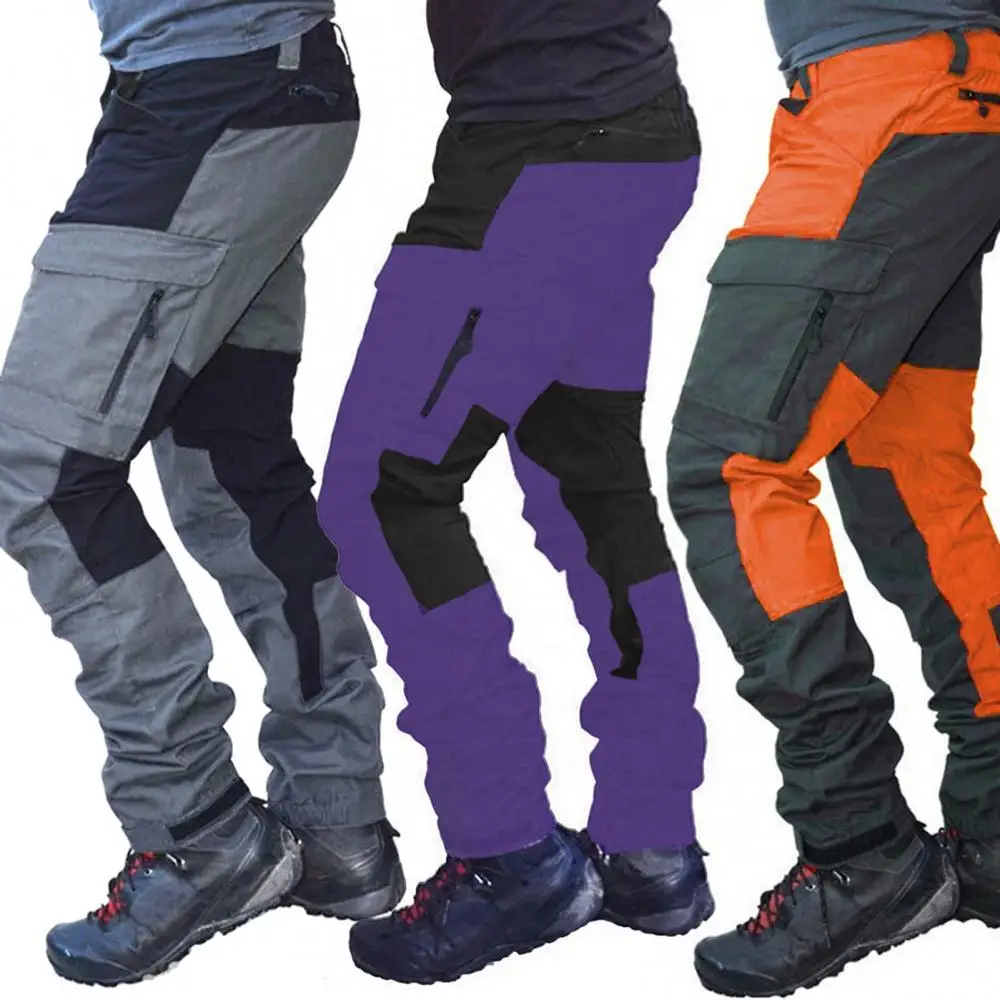 Men's Cargo Pants Color Blocked Multi Pocket Zipper Motorcycle Casual Pants Men Climbing Cycling Mountaineering Work Trousers