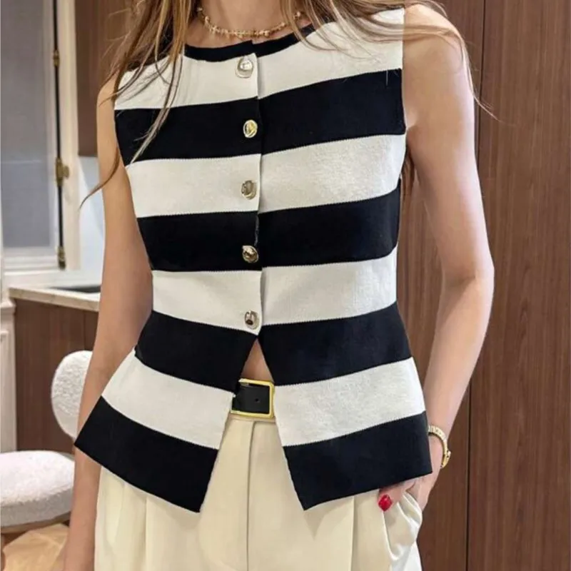 Hot Style Color Blocked Striped Knitted Cardigan For Women Fashion Sleeveless Round Neck Vest Ladies Casual Versatile Streetwear