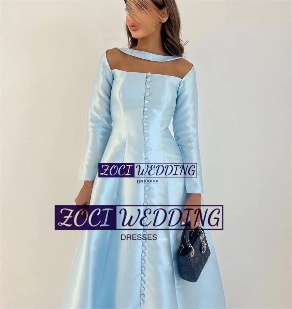 Zoci Light Blue Satin A Line Prom Dresses Customized Long Sleeve Button Formal Party Women Prom Gown Ankle Length Birthday Dress