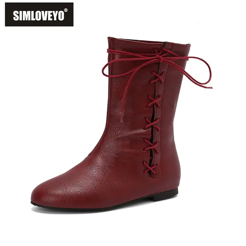 

SIMLOVEYO Classic Vintage Women Boots Round Toe Low Heels Zipper Lace Up Plus Size 46 47 48 Casual Soft Daily Mid Calf Booties