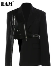 EAM-Blazer irrégulier en cuir PU pour femme, veste noire, revers, manches longues, adt Fit, mode marée, printemps, automne, 2024, 17A7466