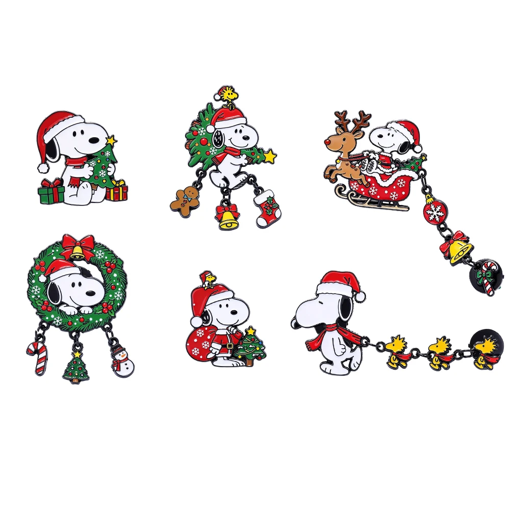Christmas Enamel Pins Cute Cartoon Dog with Santa Hat Dangle Brooch Lapel Pin for Backpack Clothes Holiday Jewelry Gift